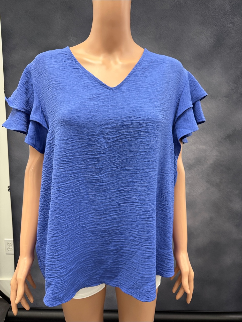 Adrianna Papell Royal Blue V-Neck Ruffle Sleeve Blouse